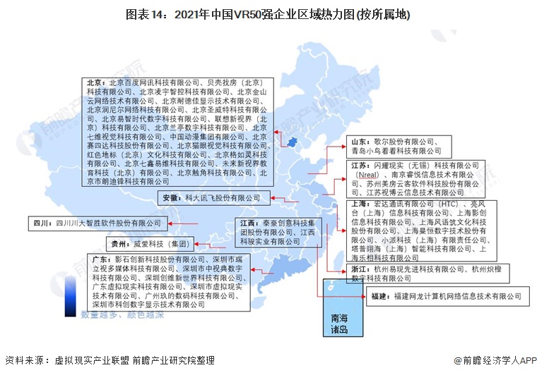 图表14:2021年中国VR50强企业区域热力图(按所属地)